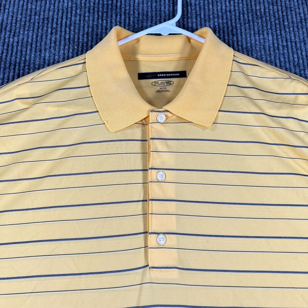 Greg Norman Polo Shirt Mens XL Extra Large Yellow Striped Short Sleeve Golf